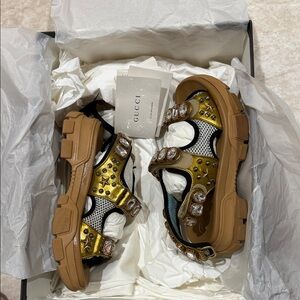 Gucci Gold and Tan Embellished Sneakers